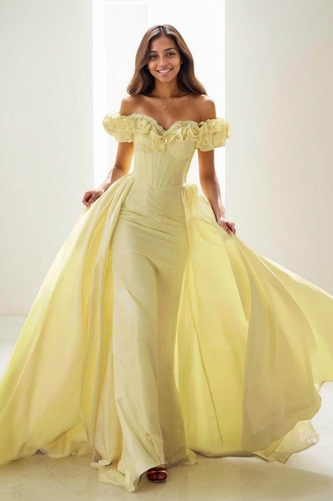 Ruffle Flower(s) Off-The-Shoulder Taffeta Prom Dresses CS0798 - COCOMELODY